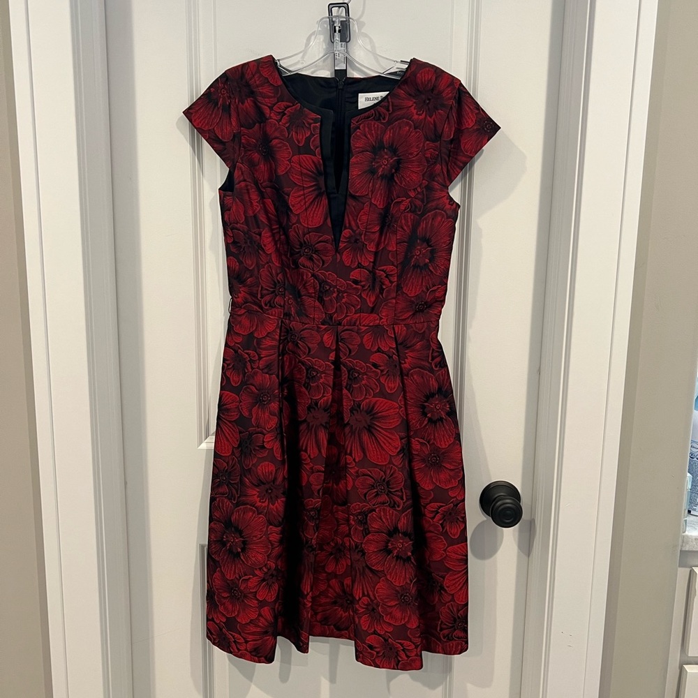 Helene Bergman London size 4 red floral dress v neck cap sleeve